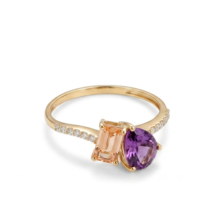 Lab Grown Diamond, Morganite and Alexandrite 9Kt Gold Ring