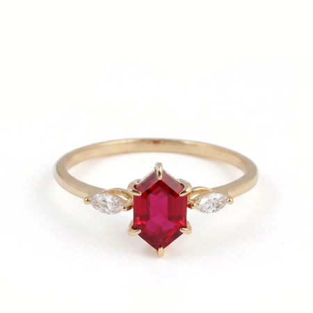 9Kt Gold Ring with Lab Grown Diamond and Pigeon Blood Ruby 9Kt Gold Ring with Lab Grown Diamond and Pigeon Blood Ruby